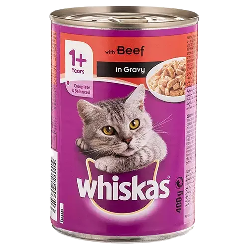 کنسرو غذای گربه ویسکاس با طعم گوشت گاو Whiskas Beef In Gravy وزن 400 گرم
