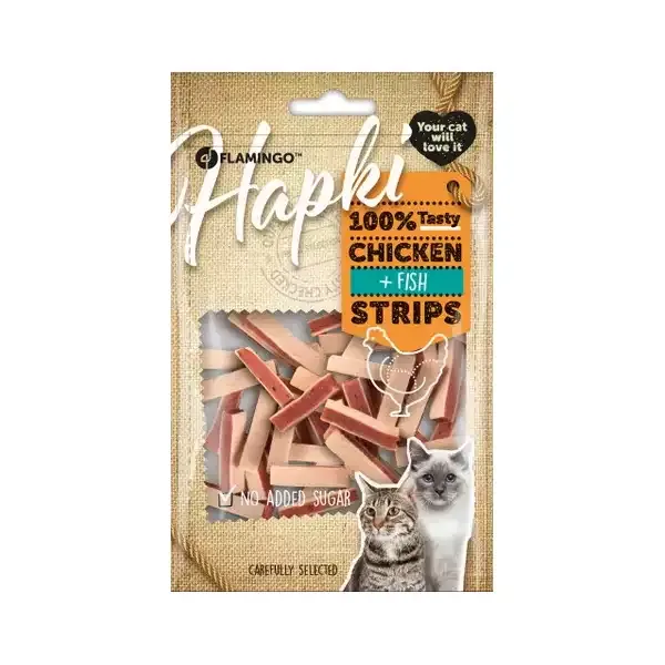 تشویقی گربه فلامینگو مدل اسنک مرغ و ماهی Chicken + Fish Strip وزن 90 گرم