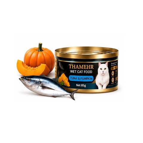 کنسرو نچرال گربه تایمهر THAIMEHR WET CAT FOOD طعم ماهی تن و کدو تنبل در سس گروی 85 گرم