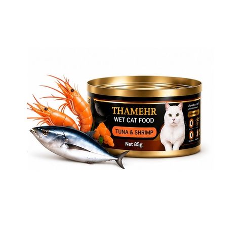 کنسرو نچرال گربه تایمهر THAIMEHR WET CAT FOOD طعم ماهی تن و میگو در سس گروی 85 گرم
