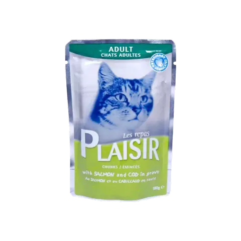 پوچ گربه پلایزر با طعم ماهی سالمون و ماهی کاد Plaisir Salmon & Cod وزن 100 گرم