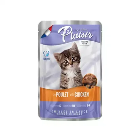پوچ بچه گربه پلایزر با طعم مرغ و شیر Plaisir poulet whit chichen وزن 100 گرم