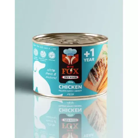 کنسرو غذای سگ فاکس مدل chicken fillets with carrot طعم فیله مرغ و هویج وزن 500 گرم