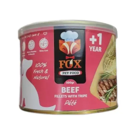 کنسرو غذای سگ فاکس مدل Beef fillets with tripe طعم بیف و سیرابی وزن 500 گرم
