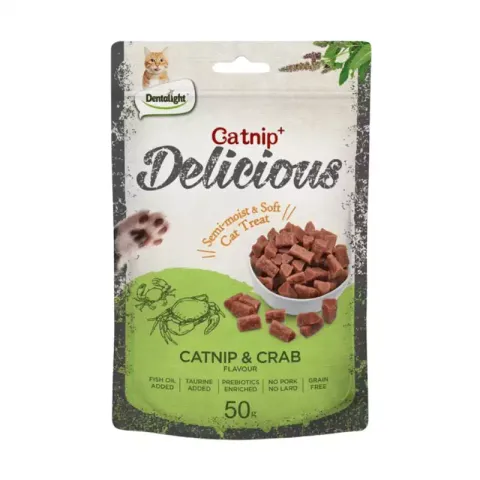 تشویقی گربه دلیشز مدل اسنک تكه ای نرم طعم کت نیپ و خرچنگ Delicious Catnip & Crap وزن 50 گرم