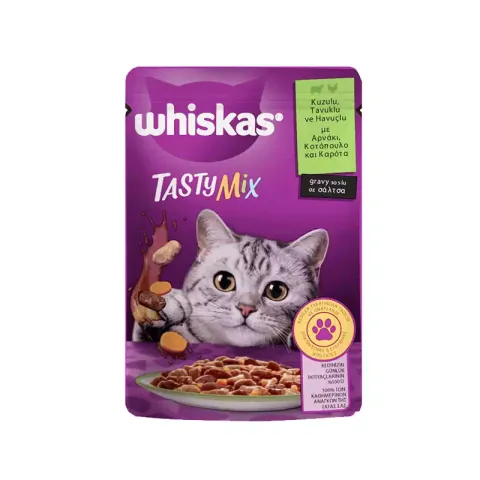 پوچ گربه ویسکاس طعم مرغ و بره و هويج مدل Tasty Mix in Gravy وزن 85 گرم