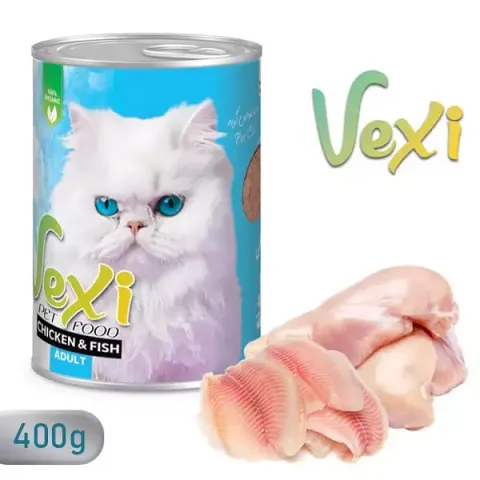 كنسرو غذای گربه وکسی با طعم مرغ و ماهی وزن 400 گرم