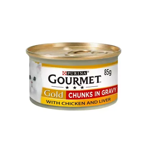 كنسرو غذای گربه گورمت با طعم مرغ و جگر تكه ای Gourmet Chicken & Liver وزن 85 گرم