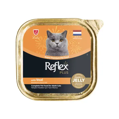 غذای کاسه ای گربه رفلکس پلاس با طعم گوشت گوساله در ژله Reflex Plus Super Premium with Veal In Jelly وزن 85 گرم
