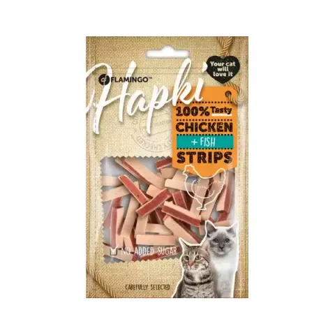 تشویقی گربه فلامینگو مدل اسنک مرغ و ماهی Chicken + Fish Strip وزن 90 گرم